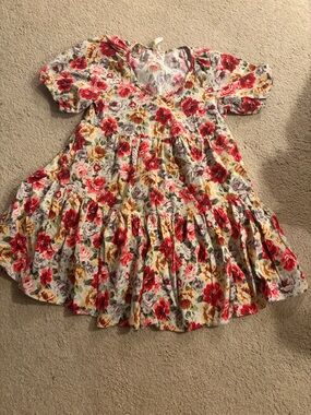 Uncle Frank Floral Tiered Midi Dress - Red, Yellow & Cream